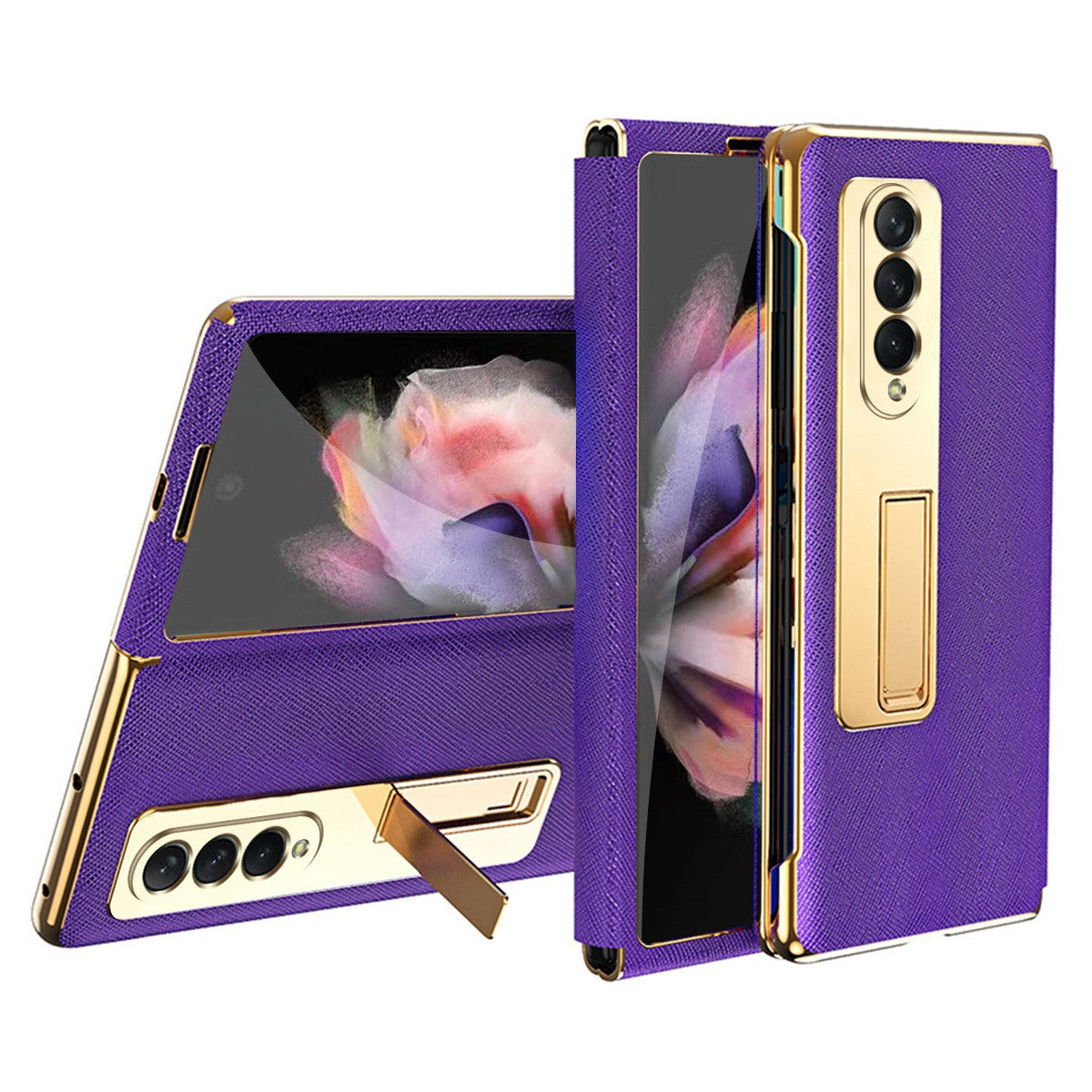 Anti-drop Back Cover For Samsung Galaxy Z Fold3 5G, Electroplating Cross Texture Phone Case Kickstand with Tempered Glass Film