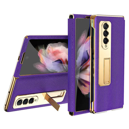 Anti-drop Back Cover For Samsung Galaxy Z Fold3 5G, Electroplating Cross Texture Phone Case Kickstand with Tempered Glass Film