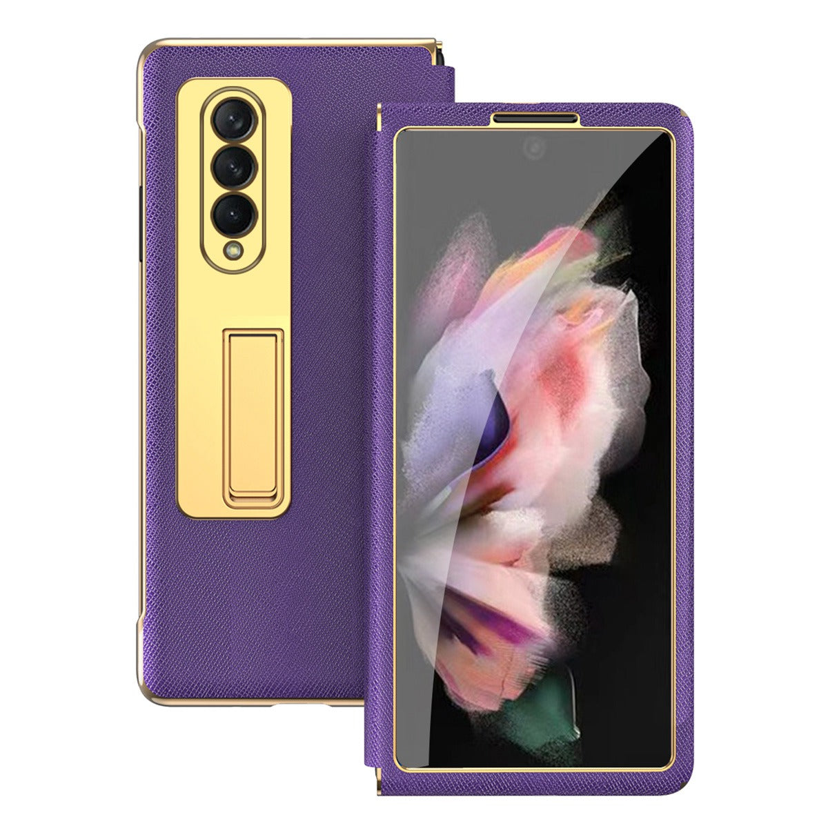 Anti-drop Back Cover For Samsung Galaxy Z Fold3 5G, Electroplating Cross Texture Phone Case Kickstand with Tempered Glass Film
