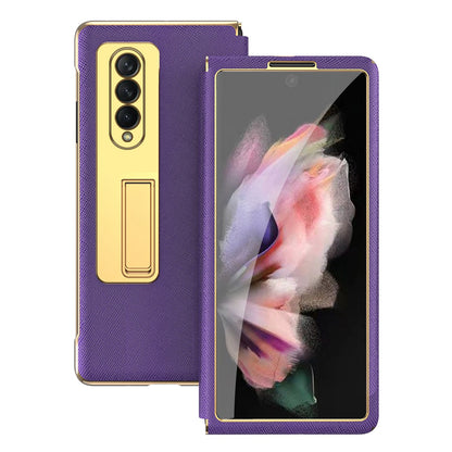 Anti-drop Back Cover For Samsung Galaxy Z Fold3 5G, Electroplating Cross Texture Phone Case Kickstand with Tempered Glass Film