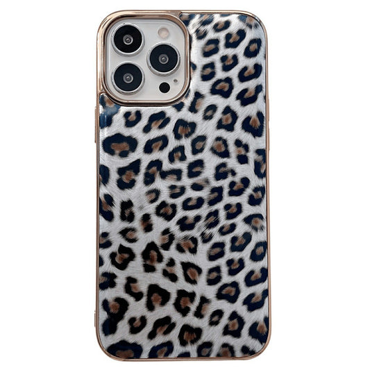For iPhone 13 Pro 6.1 inch Electroplating Leather Coated TPU Back Case Leopard Pattern Protective Phone Cover