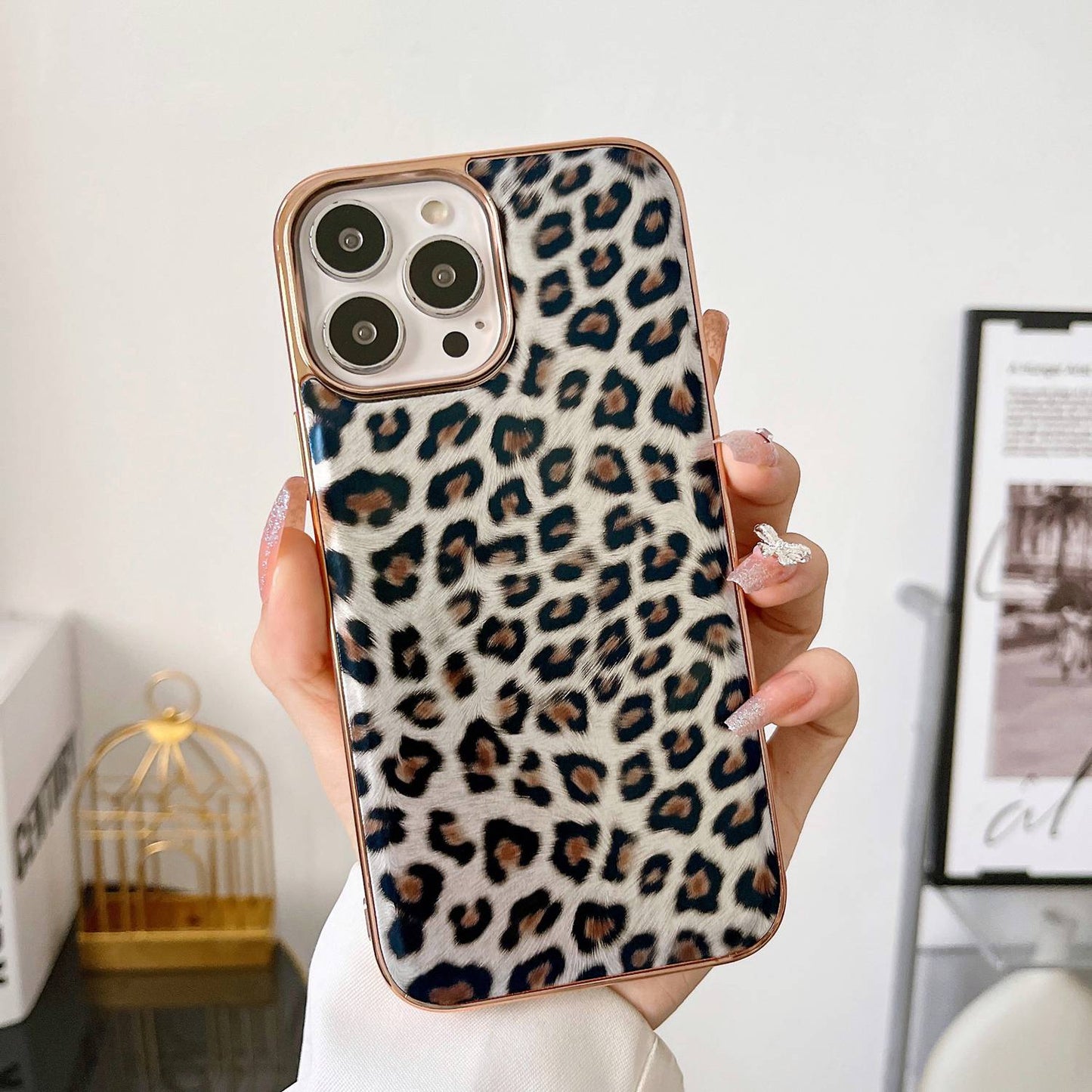 For iPhone 13 Pro 6.1 inch Electroplating Leather Coated TPU Back Case Leopard Pattern Protective Phone Cover