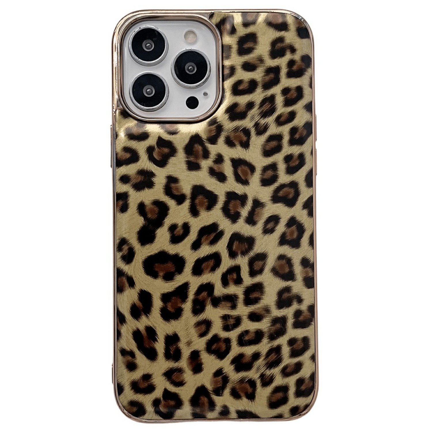 For iPhone 13 Pro 6.1 inch Electroplating Leather Coated TPU Back Case Leopard Pattern Protective Phone Cover