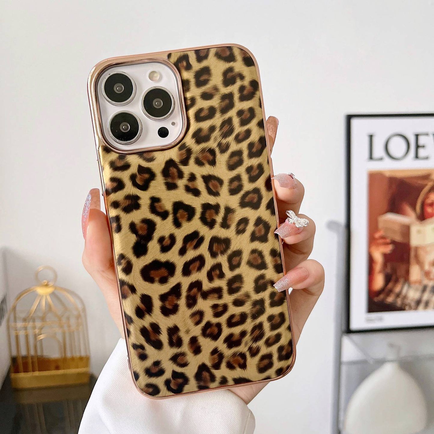 For iPhone 13 Pro 6.1 inch Electroplating Leather Coated TPU Back Case Leopard Pattern Protective Phone Cover