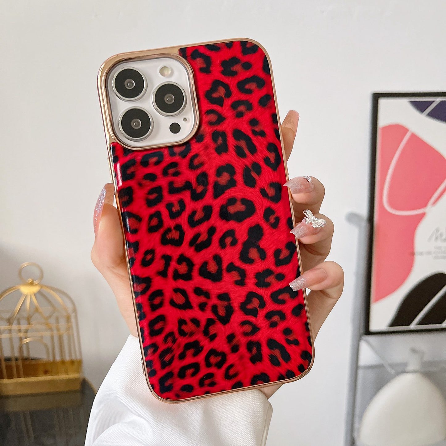For iPhone 13 Pro 6.1 inch Electroplating Leather Coated TPU Back Case Leopard Pattern Protective Phone Cover