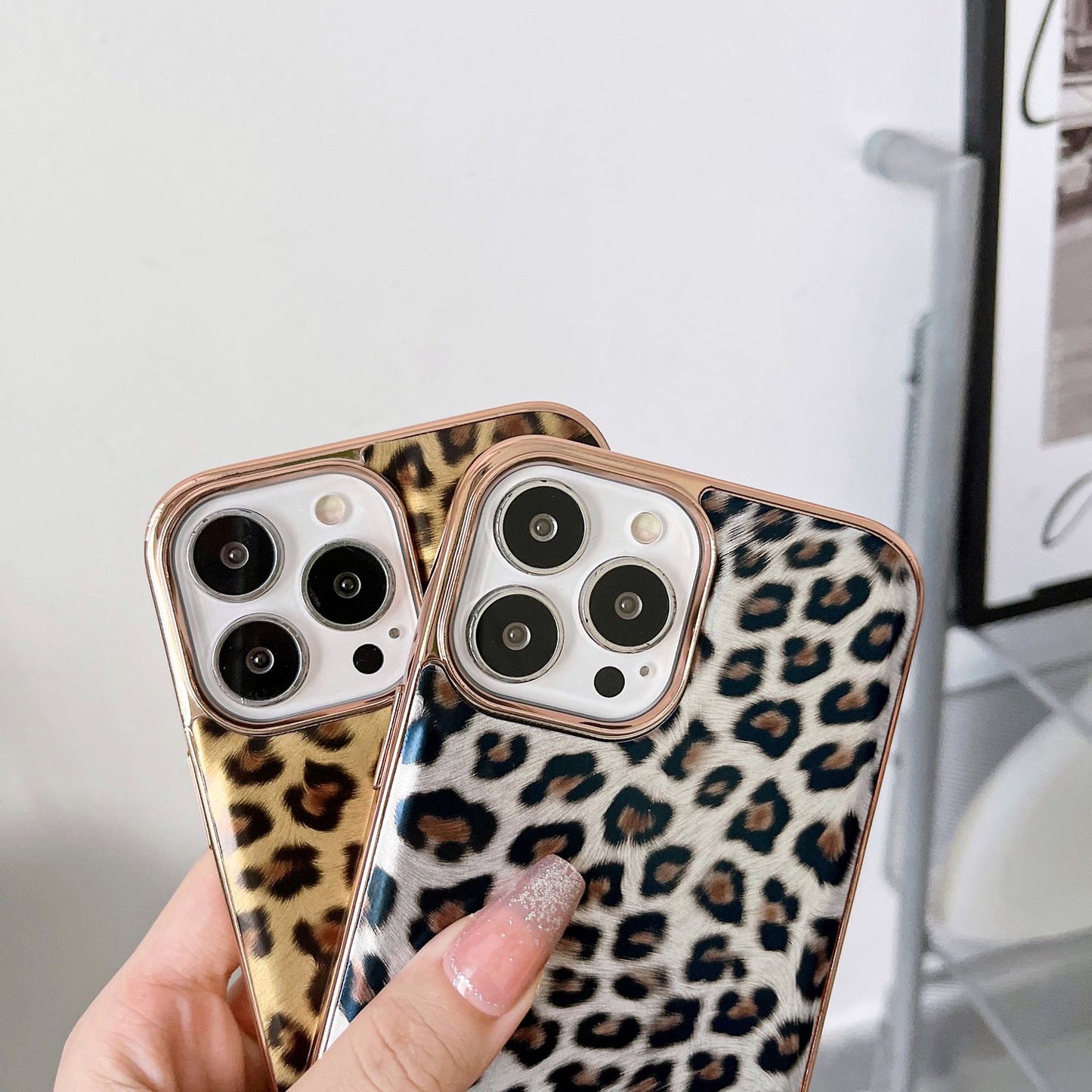 For iPhone 13 Pro 6.1 inch Electroplating Leather Coated TPU Back Case Leopard Pattern Protective Phone Cover