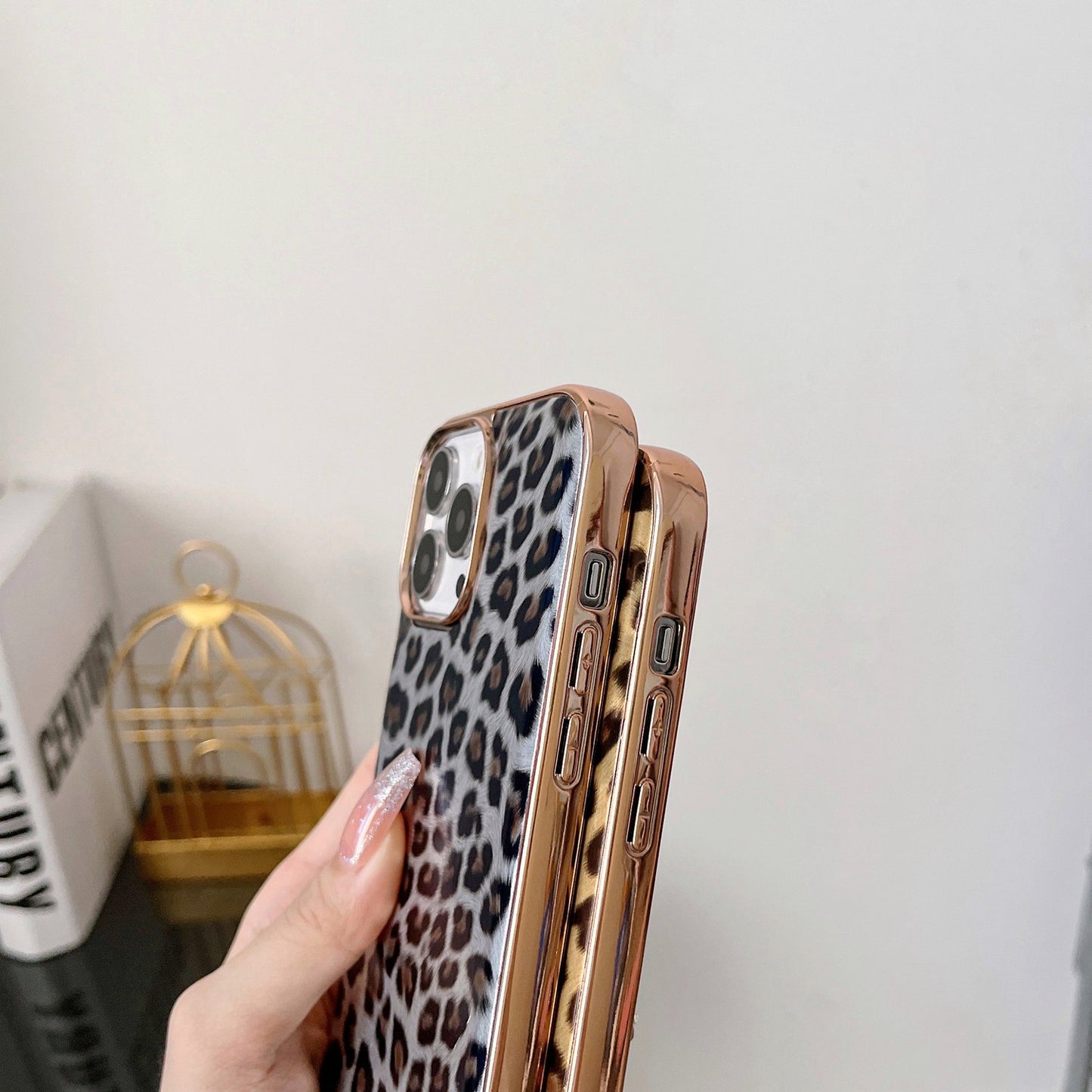 For iPhone 13 Pro 6.1 inch Electroplating Leather Coated TPU Back Case Leopard Pattern Protective Phone Cover
