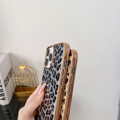 For iPhone 13 Pro 6.1 inch Electroplating Leather Coated TPU Back Case Leopard Pattern Protective Phone Cover