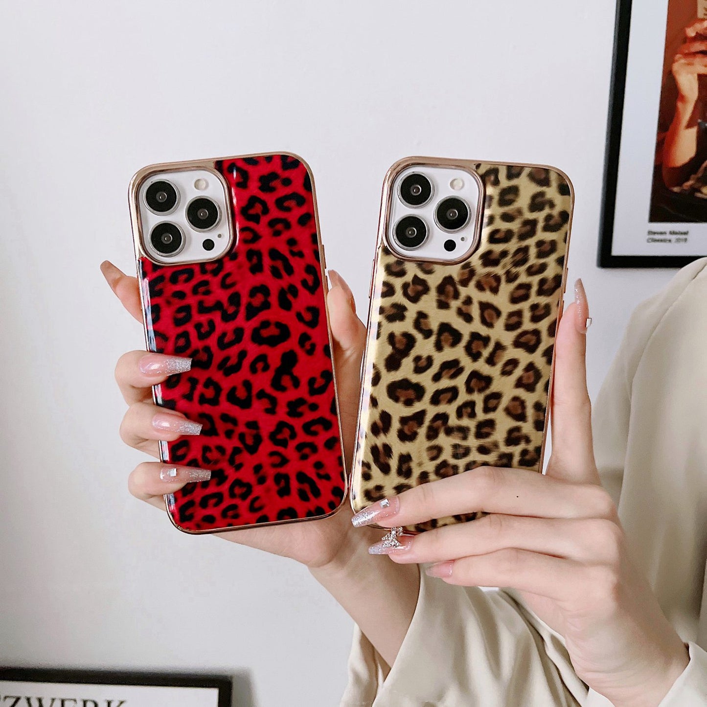 For iPhone 13 Pro 6.1 inch Electroplating Leather Coated TPU Back Case Leopard Pattern Protective Phone Cover