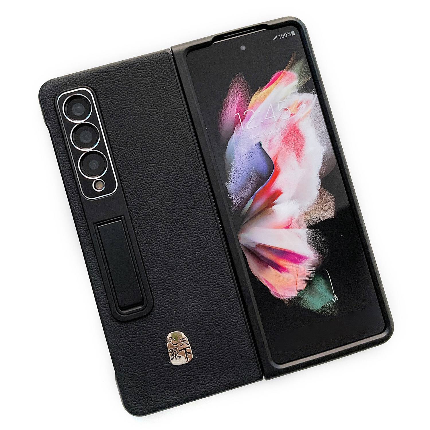 For Samsung Galaxy Z Fold3 5G Litchi Texture Kickstand Phone Case Genuine Leather Coated PC Anti-drop Cover
