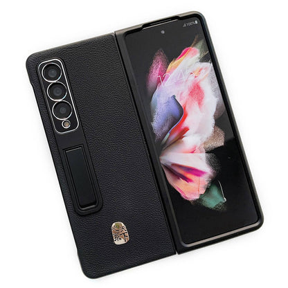 For Samsung Galaxy Z Fold3 5G Litchi Texture Kickstand Phone Case Genuine Leather Coated PC Anti-drop Cover