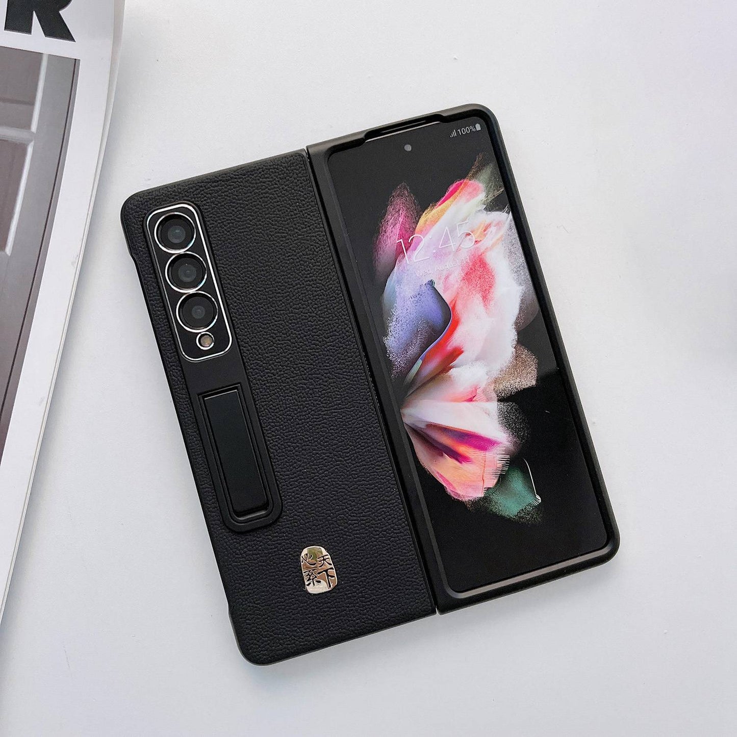 For Samsung Galaxy Z Fold3 5G Litchi Texture Kickstand Phone Case Genuine Leather Coated PC Anti-drop Cover