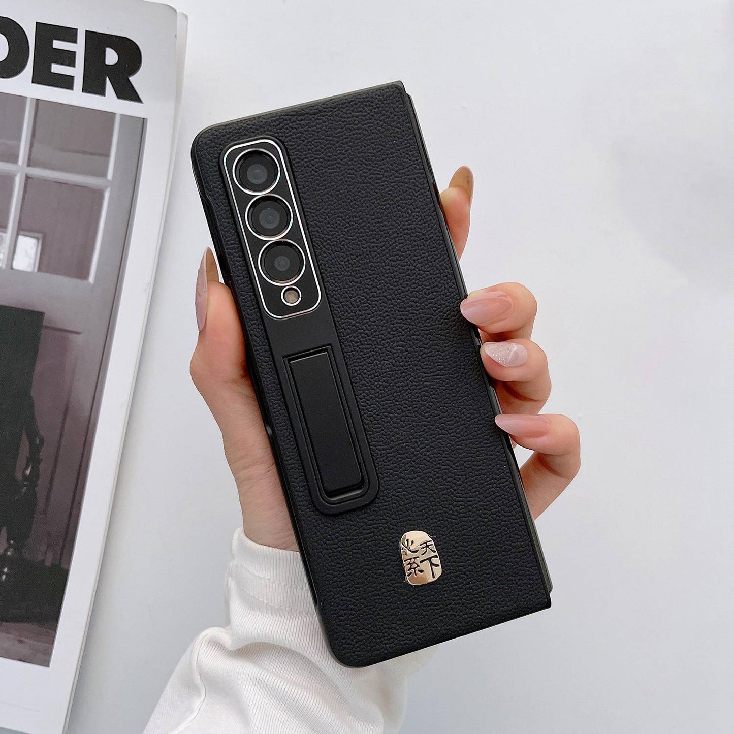 For Samsung Galaxy Z Fold3 5G Litchi Texture Kickstand Phone Case Genuine Leather Coated PC Anti-drop Cover