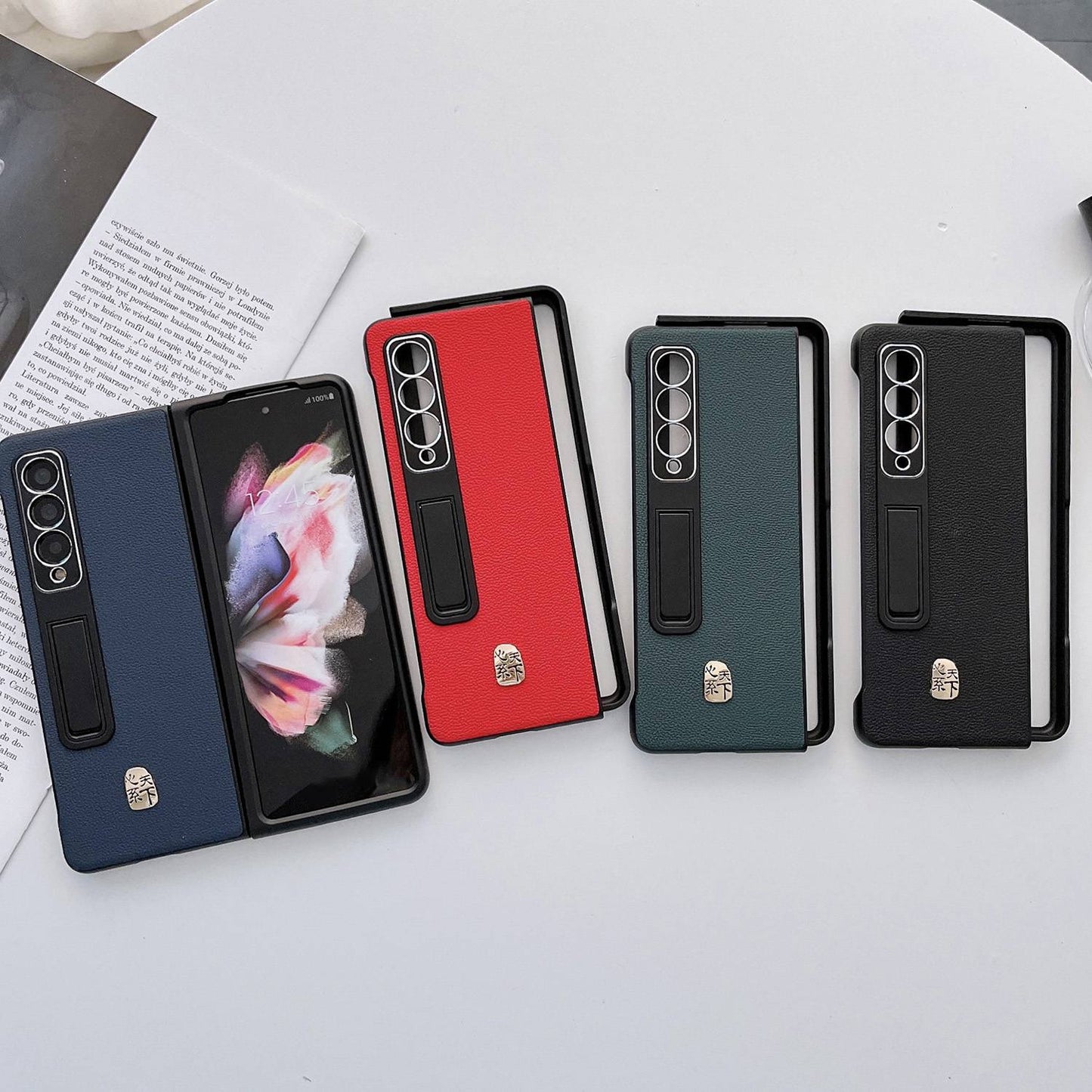 For Samsung Galaxy Z Fold3 5G Litchi Texture Kickstand Phone Case Genuine Leather Coated PC Anti-drop Cover