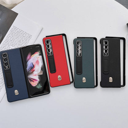 For Samsung Galaxy Z Fold3 5G Litchi Texture Kickstand Phone Case Genuine Leather Coated PC Anti-drop Cover