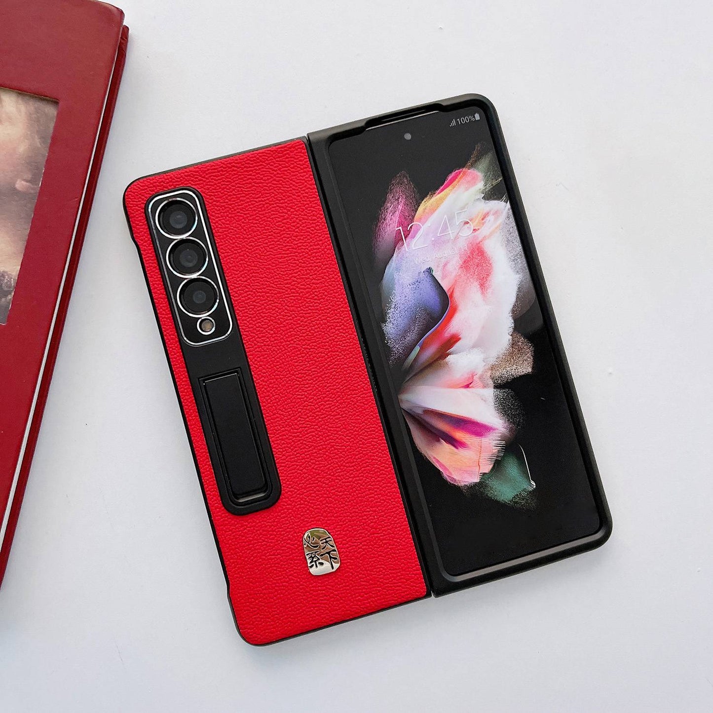 For Samsung Galaxy Z Fold3 5G Litchi Texture Kickstand Phone Case Genuine Leather Coated PC Anti-drop Cover