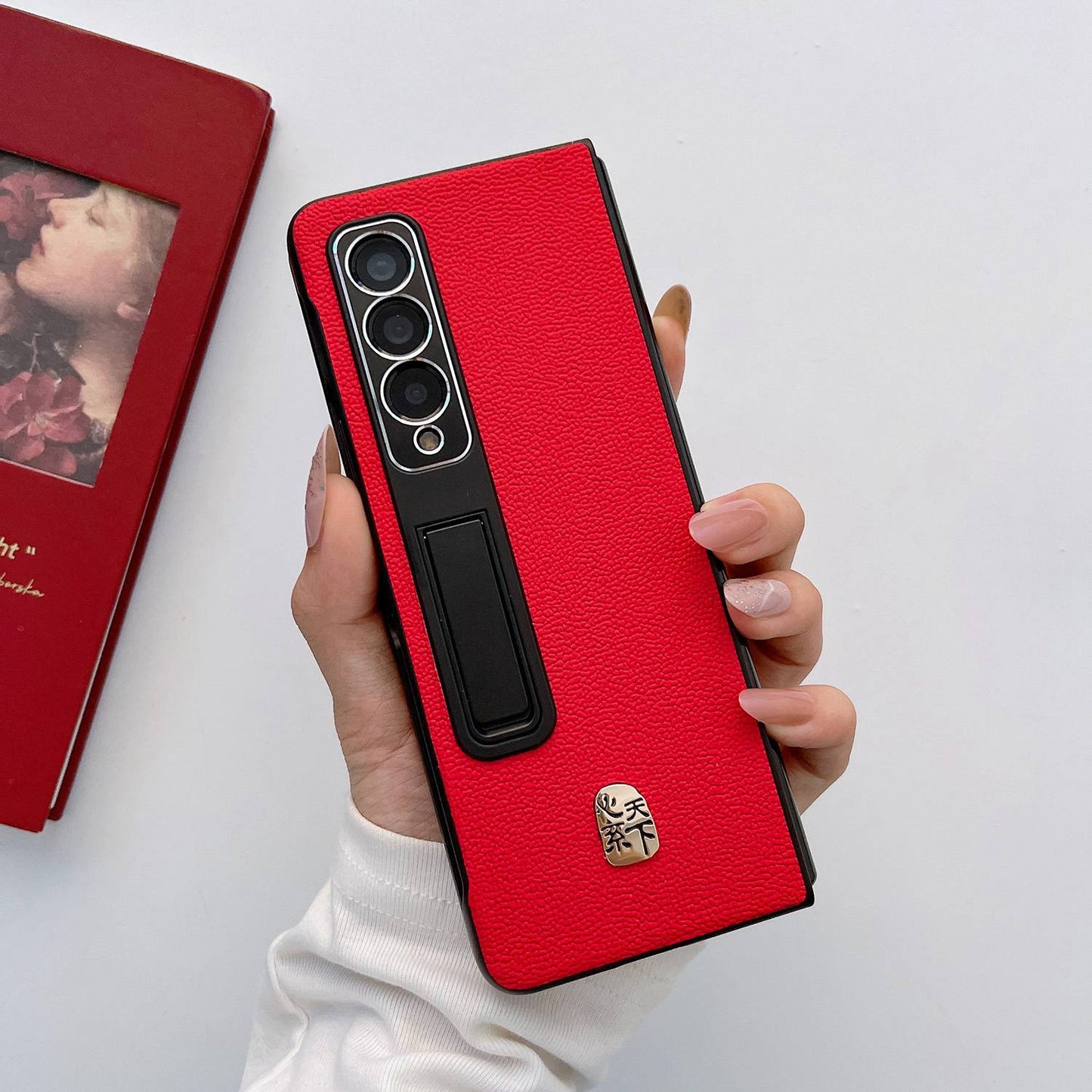 For Samsung Galaxy Z Fold3 5G Litchi Texture Kickstand Phone Case Genuine Leather Coated PC Anti-drop Cover