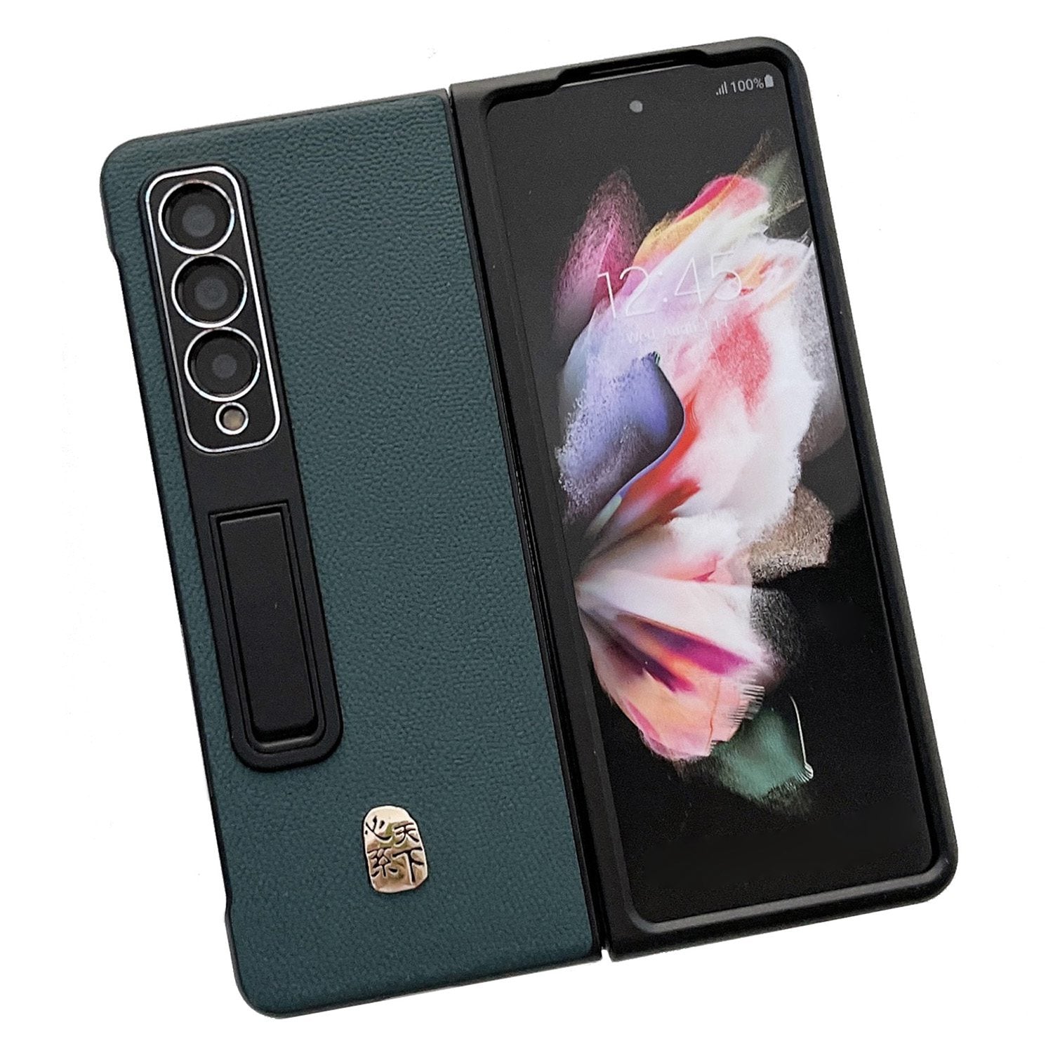 For Samsung Galaxy Z Fold3 5G Litchi Texture Kickstand Phone Case Genuine Leather Coated PC Anti-drop Cover