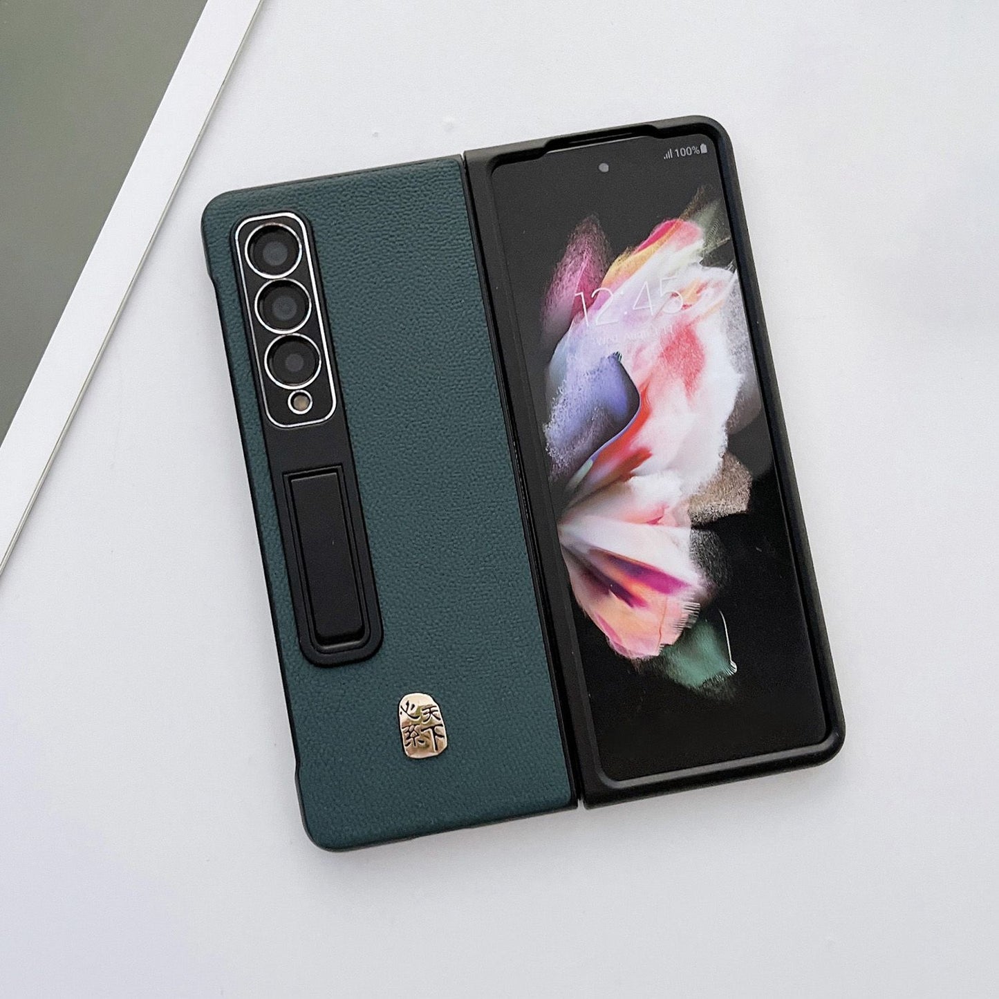 For Samsung Galaxy Z Fold3 5G Litchi Texture Kickstand Phone Case Genuine Leather Coated PC Anti-drop Cover
