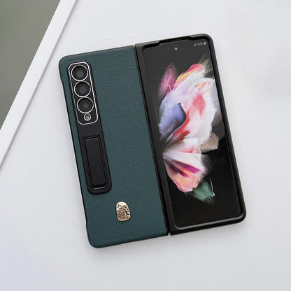 For Samsung Galaxy Z Fold3 5G Litchi Texture Kickstand Phone Case Genuine Leather Coated PC Anti-drop Cover
