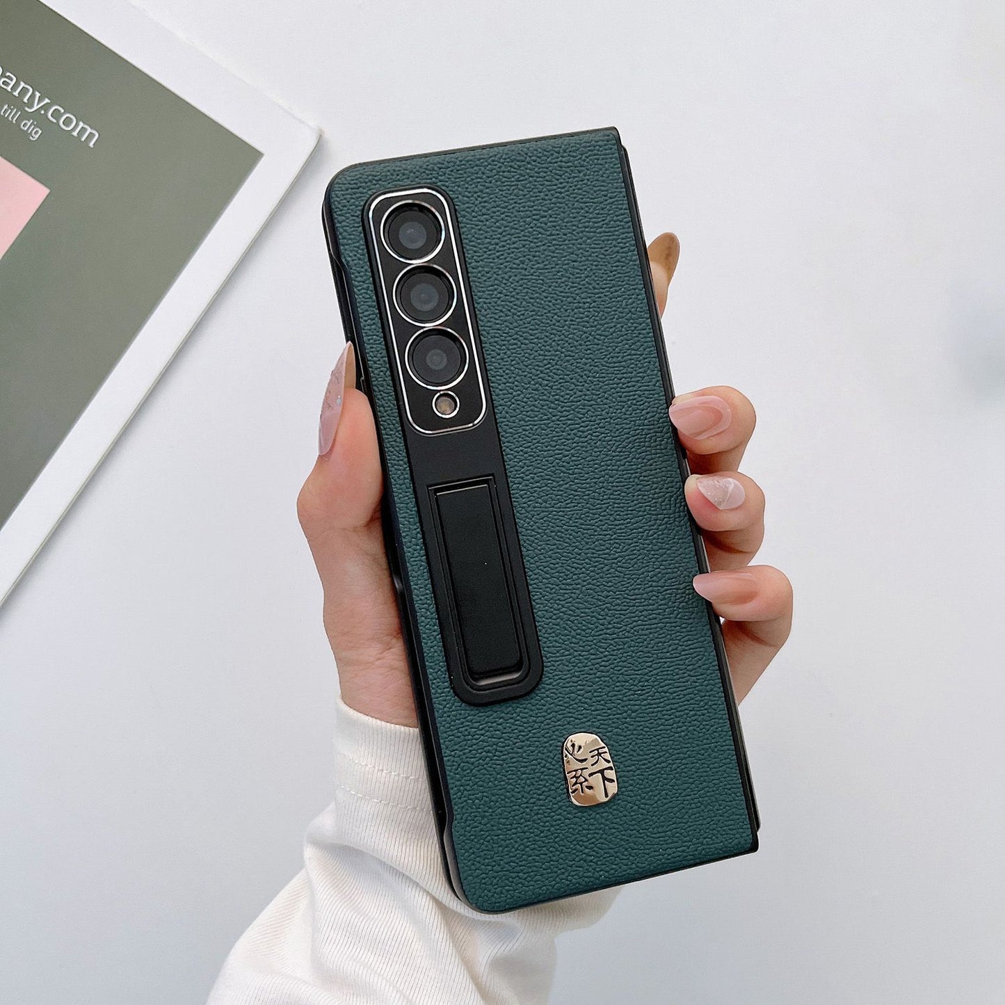 For Samsung Galaxy Z Fold3 5G Litchi Texture Kickstand Phone Case Genuine Leather Coated PC Anti-drop Cover