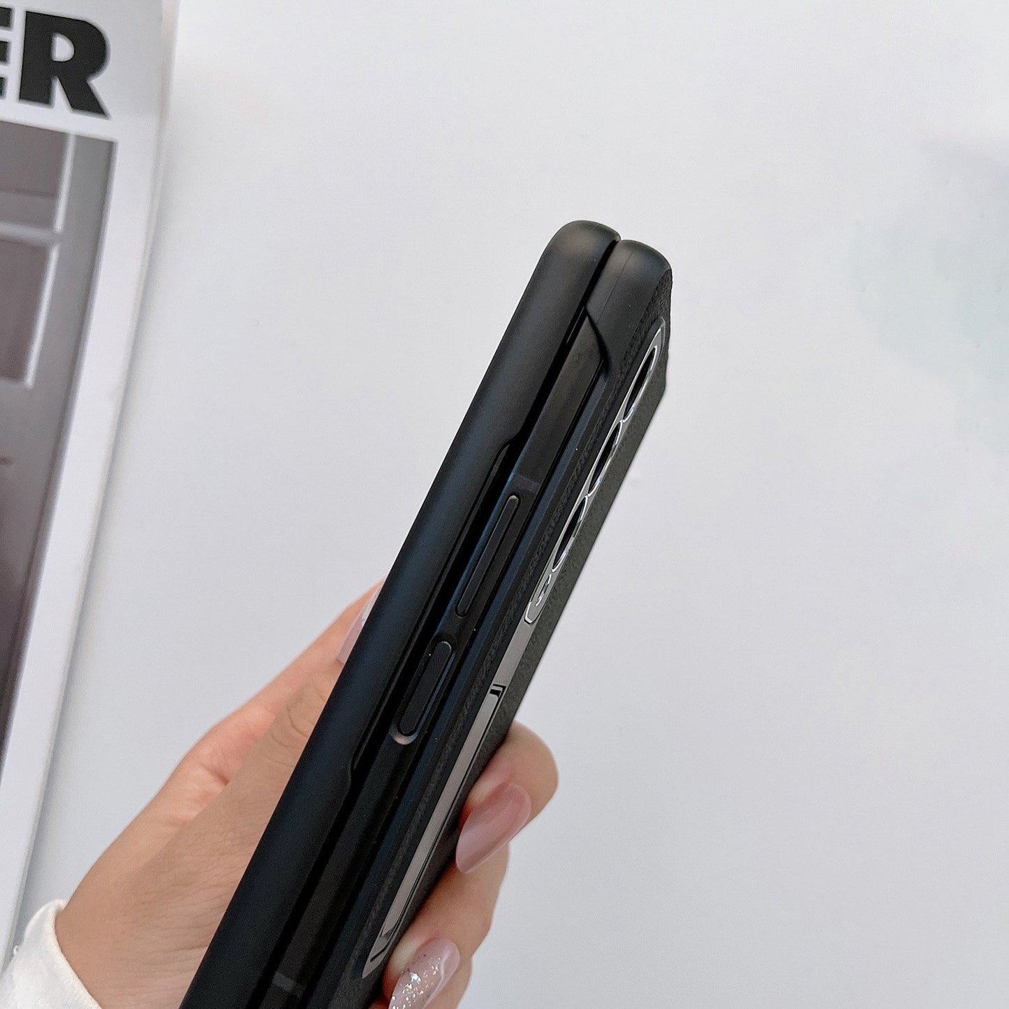 For Samsung Galaxy Z Fold3 5G Litchi Texture Kickstand Phone Case Genuine Leather Coated PC Anti-drop Cover
