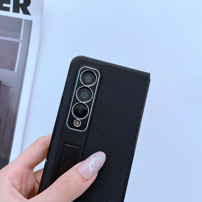 For Samsung Galaxy Z Fold3 5G Litchi Texture Kickstand Phone Case Genuine Leather Coated PC Anti-drop Cover