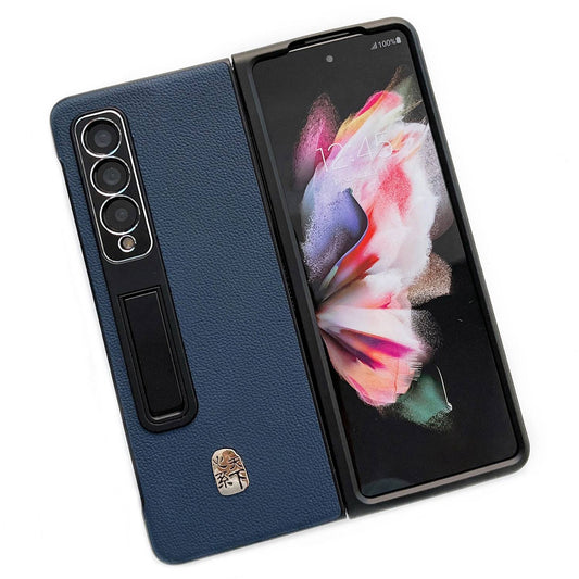 For Samsung Galaxy Z Fold3 5G Litchi Texture Kickstand Phone Case Genuine Leather Coated PC Anti-drop Cover