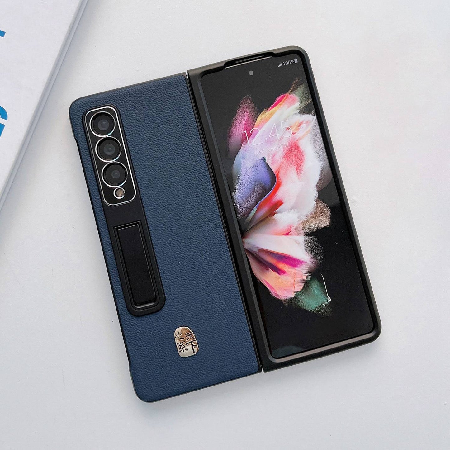 For Samsung Galaxy Z Fold3 5G Litchi Texture Kickstand Phone Case Genuine Leather Coated PC Anti-drop Cover