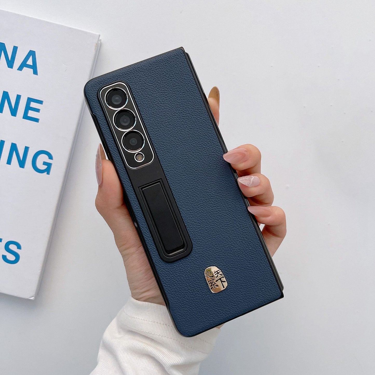 For Samsung Galaxy Z Fold3 5G Litchi Texture Kickstand Phone Case Genuine Leather Coated PC Anti-drop Cover