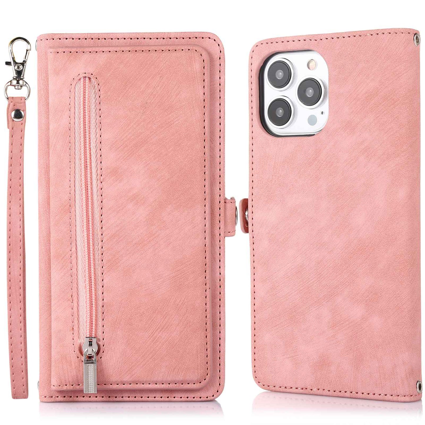 For iPhone 13 Pro 6.1 inch Zipper Pocket Wallet Flip Case 9 Card Slots PU Leather Stand Mobile Phone Shell with Wrist Strap