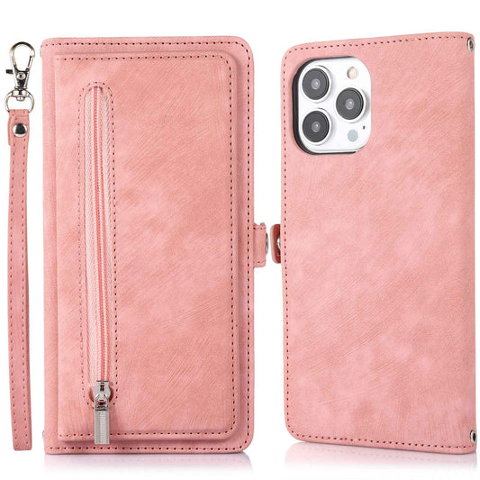 For iPhone 13 Pro 6.1 inch Zipper Pocket Wallet Flip Case 9 Card Slots PU Leather Stand Mobile Phone Shell with Wrist Strap