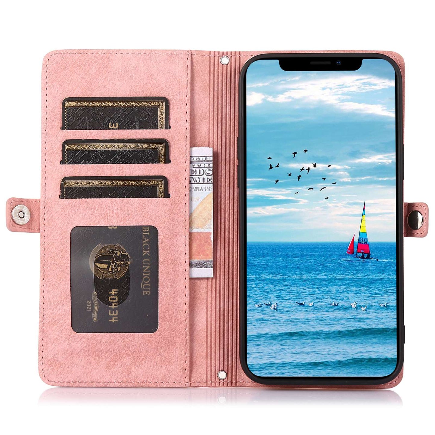 For iPhone 13 Pro 6.1 inch Zipper Pocket Wallet Flip Case 9 Card Slots PU Leather Stand Mobile Phone Shell with Wrist Strap