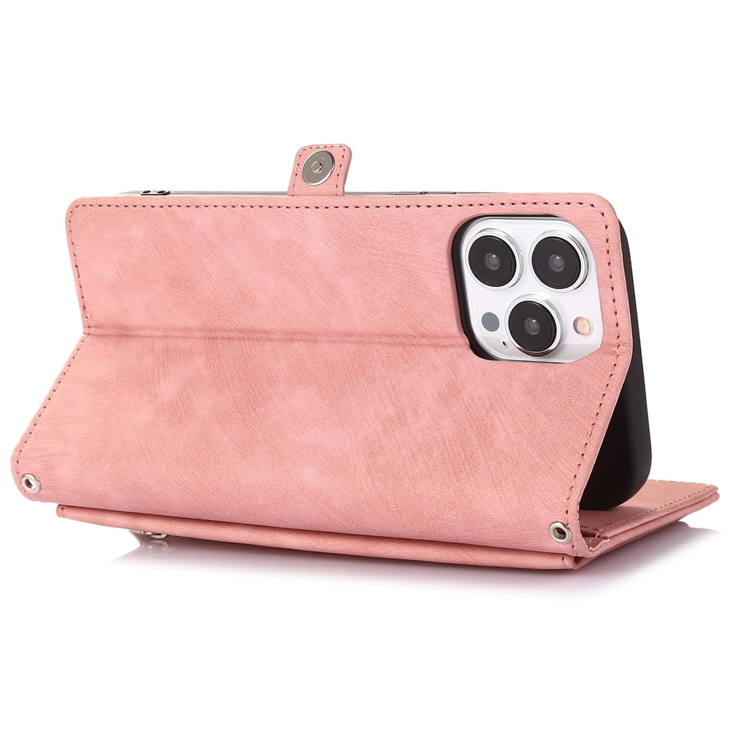 For iPhone 13 Pro 6.1 inch Zipper Pocket Wallet Flip Case 9 Card Slots PU Leather Stand Mobile Phone Shell with Wrist Strap