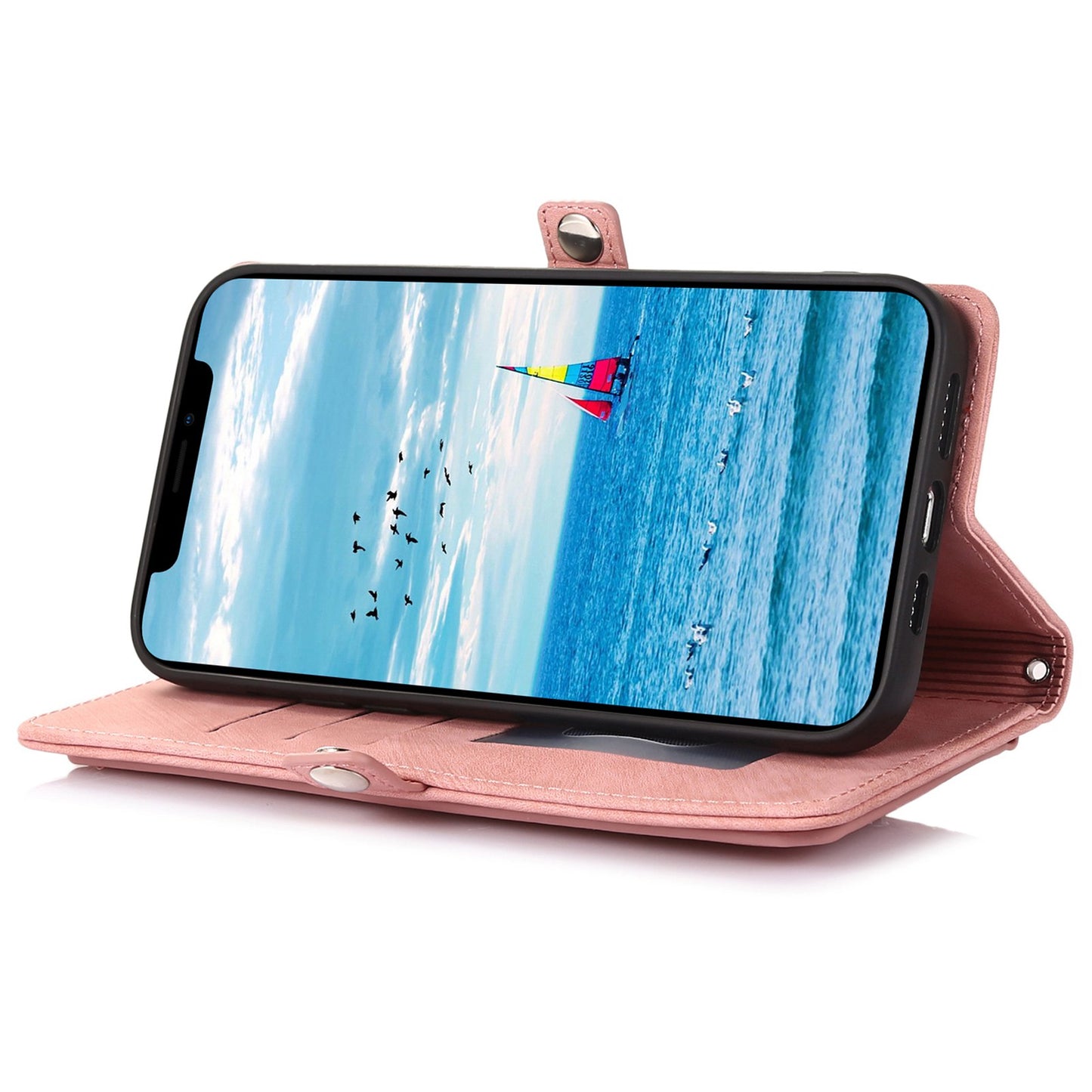 For iPhone 13 Pro 6.1 inch Zipper Pocket Wallet Flip Case 9 Card Slots PU Leather Stand Mobile Phone Shell with Wrist Strap