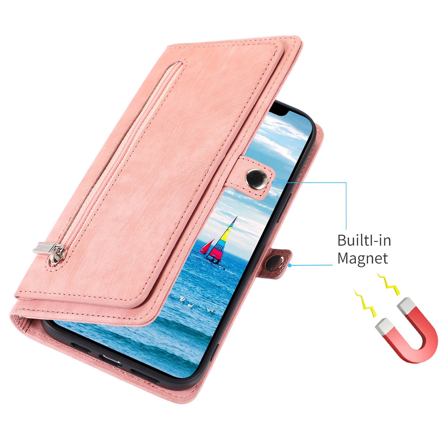 For iPhone 13 Pro 6.1 inch Zipper Pocket Wallet Flip Case 9 Card Slots PU Leather Stand Mobile Phone Shell with Wrist Strap