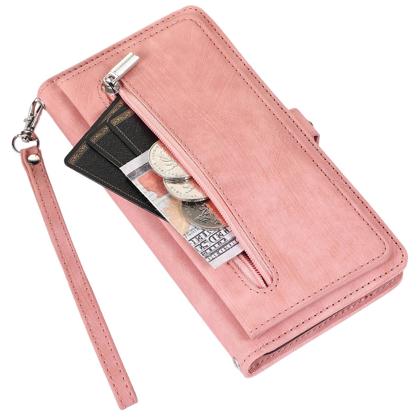 For iPhone 13 Pro 6.1 inch Zipper Pocket Wallet Flip Case 9 Card Slots PU Leather Stand Mobile Phone Shell with Wrist Strap
