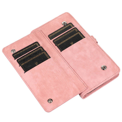 For iPhone 13 Pro 6.1 inch Zipper Pocket Wallet Flip Case 9 Card Slots PU Leather Stand Mobile Phone Shell with Wrist Strap