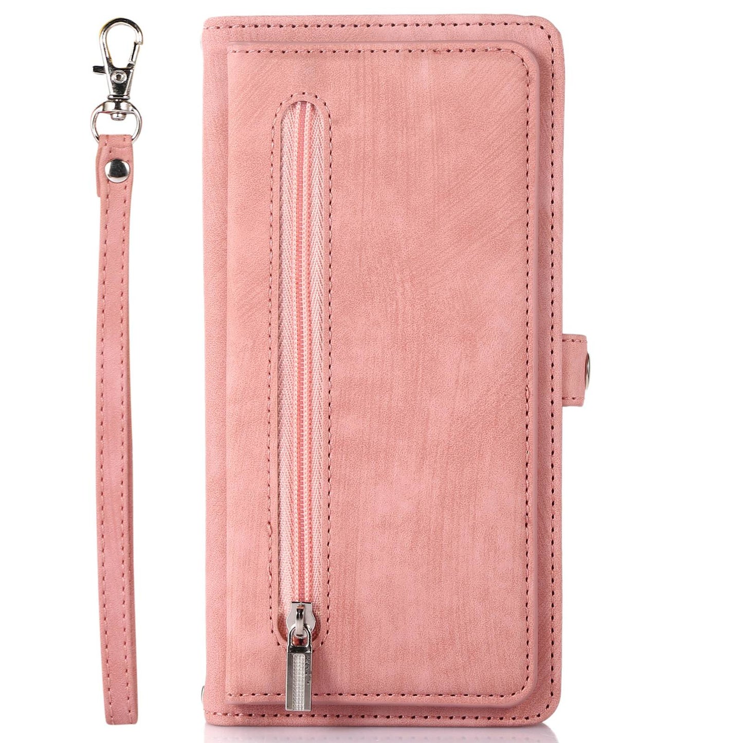 For iPhone 13 Pro 6.1 inch Zipper Pocket Wallet Flip Case 9 Card Slots PU Leather Stand Mobile Phone Shell with Wrist Strap
