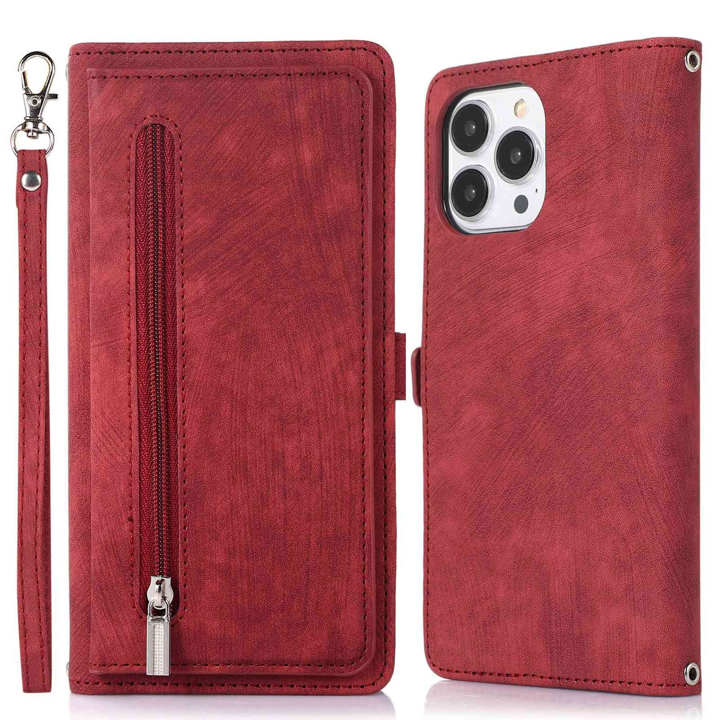 For iPhone 13 Pro 6.1 inch Zipper Pocket Wallet Flip Case 9 Card Slots PU Leather Stand Mobile Phone Shell with Wrist Strap