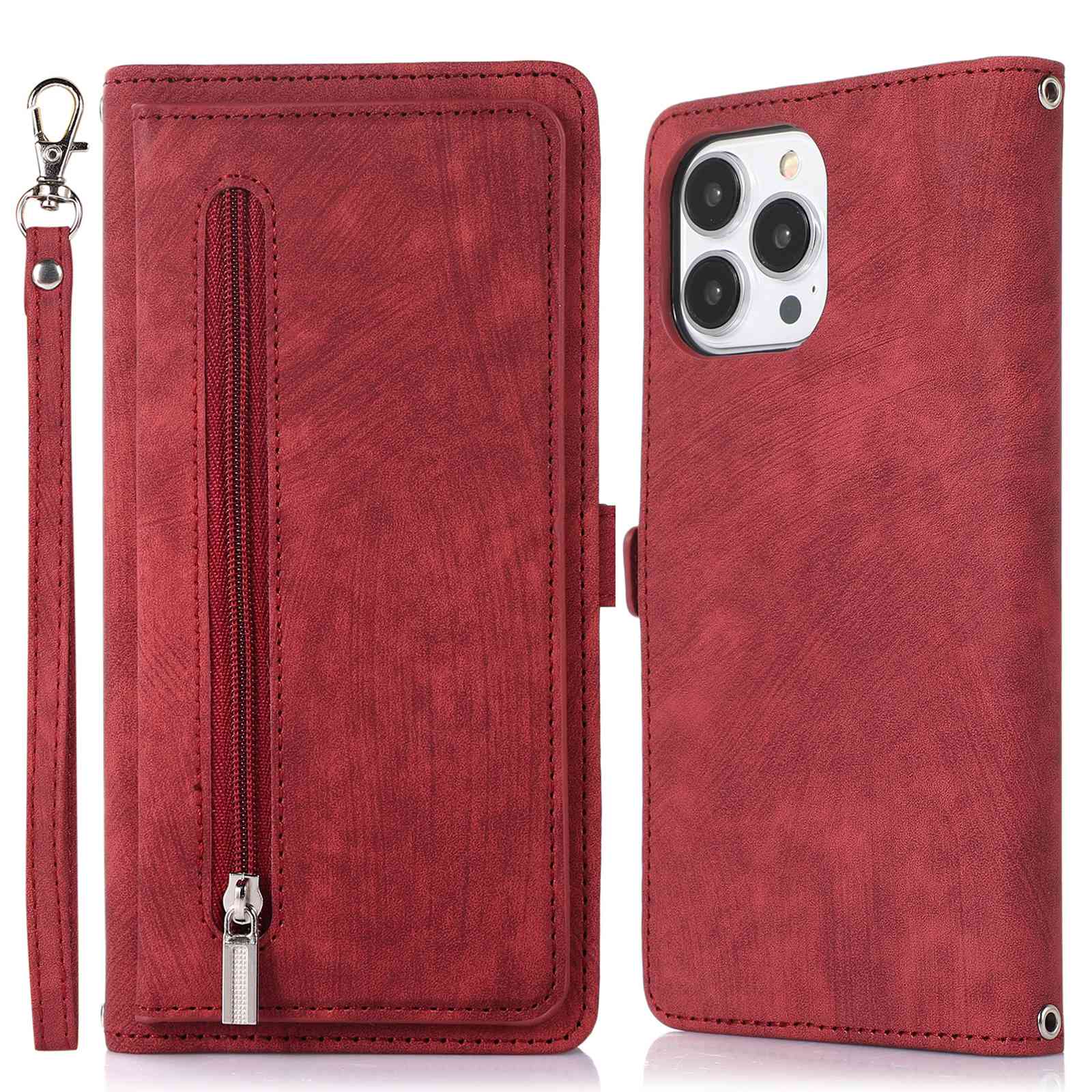 For iPhone 13 Pro 6.1 inch Zipper Pocket Wallet Flip Case 9 Card Slots PU Leather Stand Mobile Phone Shell with Wrist Strap