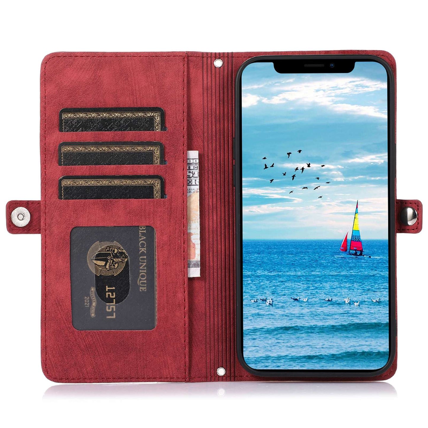 For iPhone 13 Pro 6.1 inch Zipper Pocket Wallet Flip Case 9 Card Slots PU Leather Stand Mobile Phone Shell with Wrist Strap
