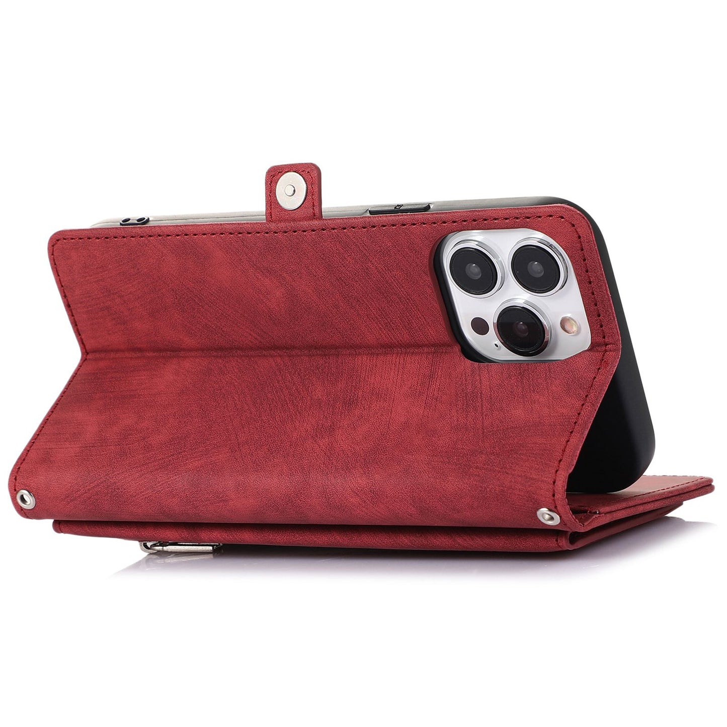 For iPhone 13 Pro 6.1 inch Zipper Pocket Wallet Flip Case 9 Card Slots PU Leather Stand Mobile Phone Shell with Wrist Strap