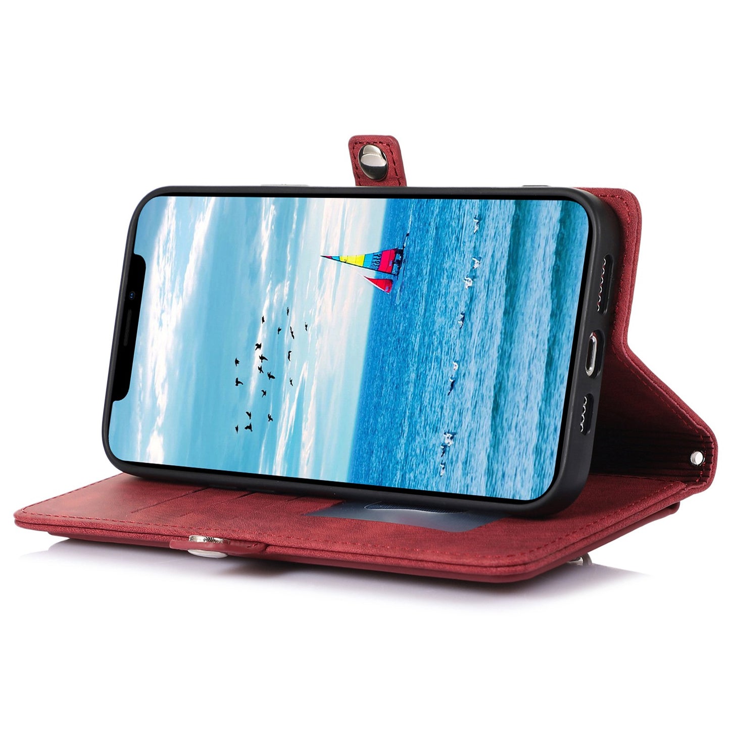 For iPhone 13 Pro 6.1 inch Zipper Pocket Wallet Flip Case 9 Card Slots PU Leather Stand Mobile Phone Shell with Wrist Strap