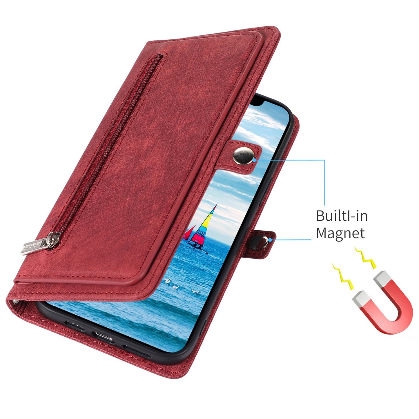 For iPhone 13 Pro 6.1 inch Zipper Pocket Wallet Flip Case 9 Card Slots PU Leather Stand Mobile Phone Shell with Wrist Strap