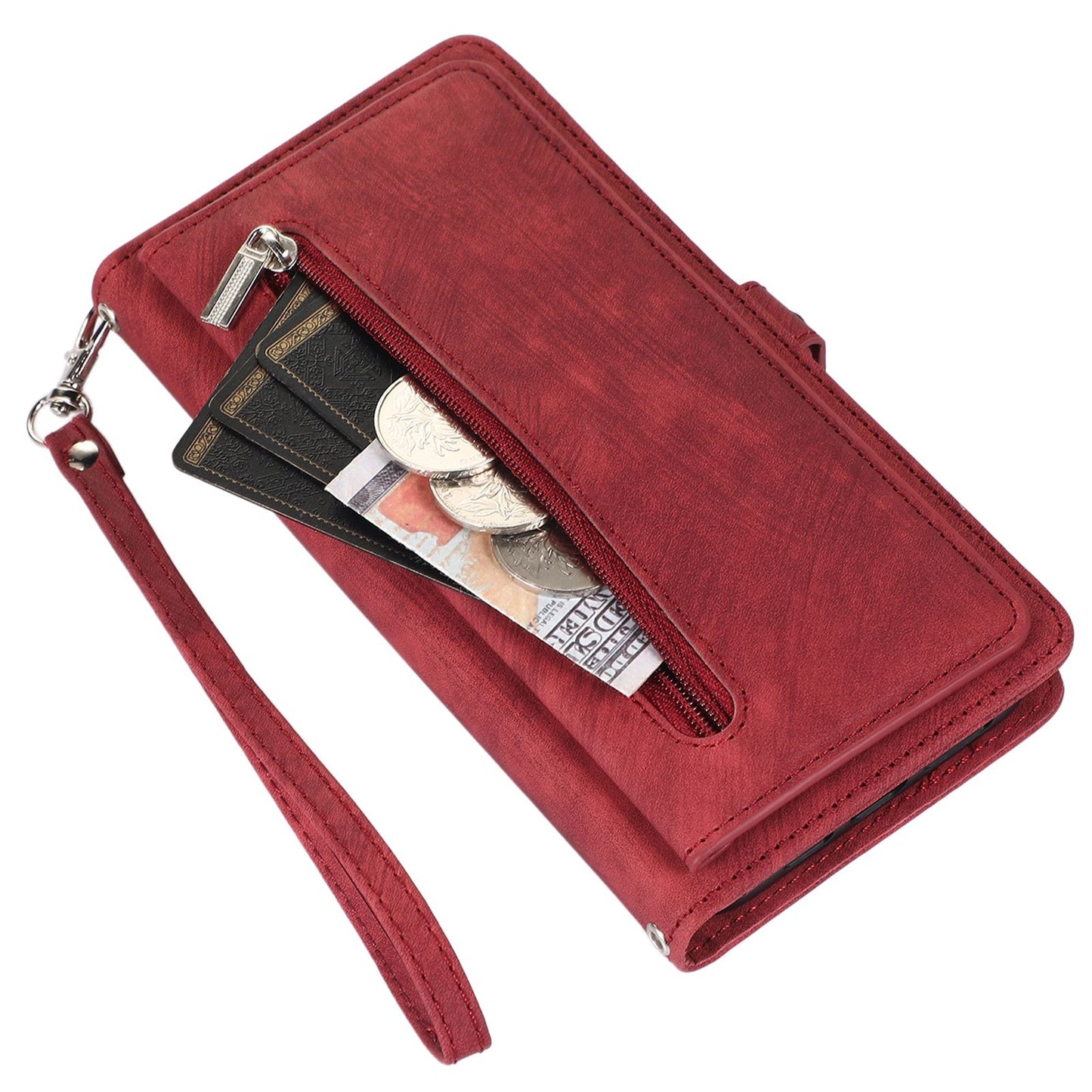 For iPhone 13 Pro 6.1 inch Zipper Pocket Wallet Flip Case 9 Card Slots PU Leather Stand Mobile Phone Shell with Wrist Strap