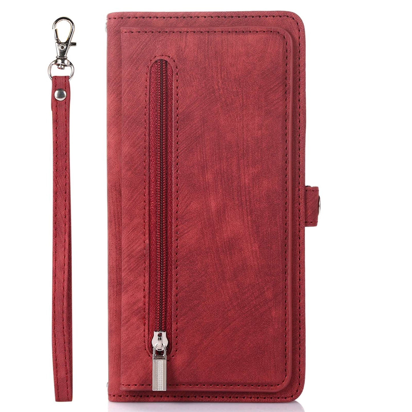For iPhone 13 Pro 6.1 inch Zipper Pocket Wallet Flip Case 9 Card Slots PU Leather Stand Mobile Phone Shell with Wrist Strap