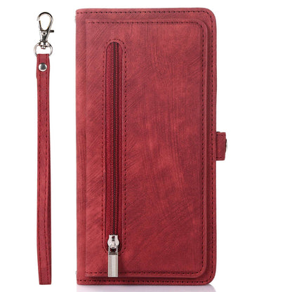 For iPhone 13 Pro 6.1 inch Zipper Pocket Wallet Flip Case 9 Card Slots PU Leather Stand Mobile Phone Shell with Wrist Strap