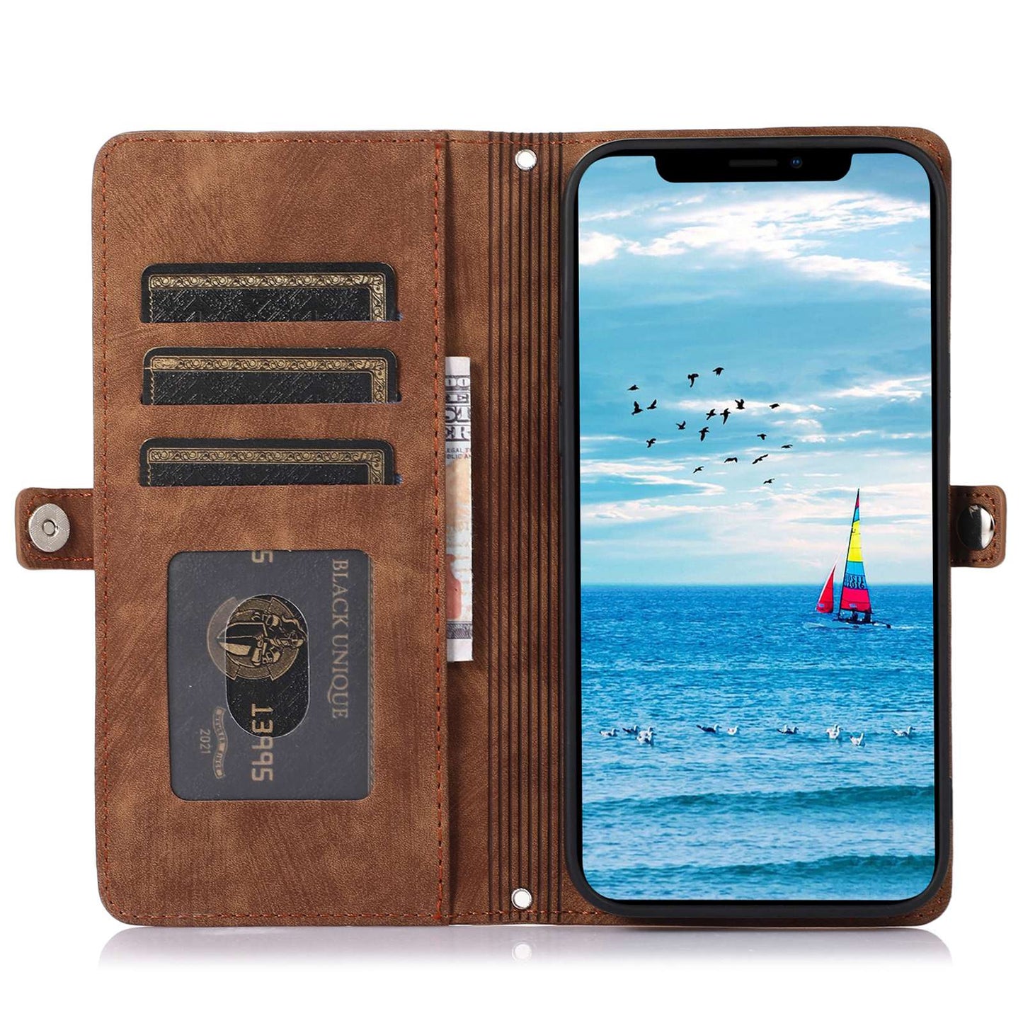 For iPhone 13 Pro 6.1 inch Zipper Pocket Wallet Flip Case 9 Card Slots PU Leather Stand Mobile Phone Shell with Wrist Strap