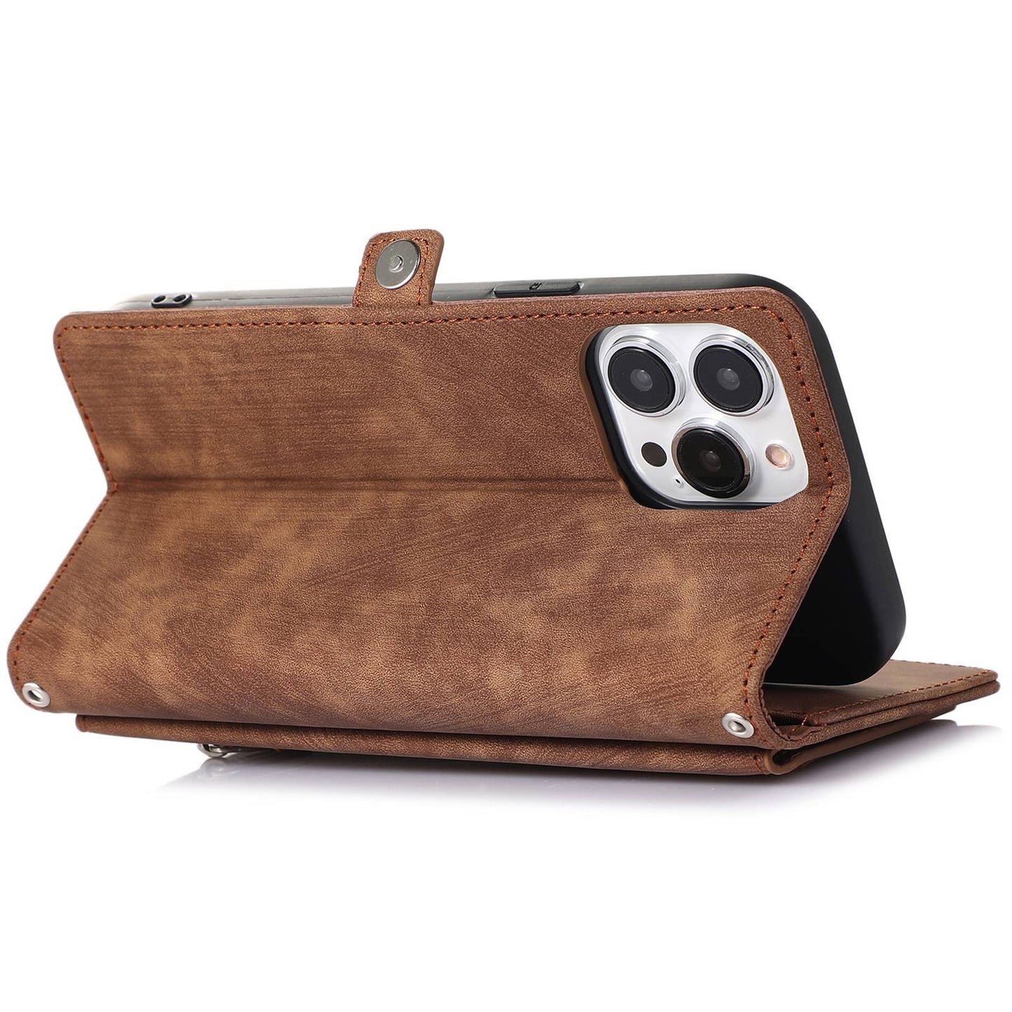 For iPhone 13 Pro 6.1 inch Zipper Pocket Wallet Flip Case 9 Card Slots PU Leather Stand Mobile Phone Shell with Wrist Strap